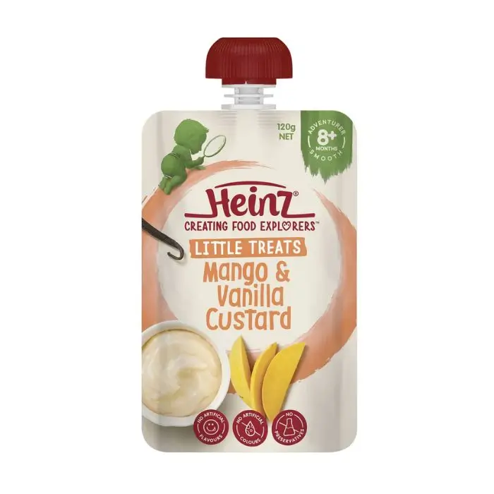 Heinz® Little Treats Mango & Vanilla Custard Baby Food Pouch 8+ months 120g Heinz® Little Treats Mango Vanilla Custard Baby Food Pouch 8 months 120g In Bangladesh