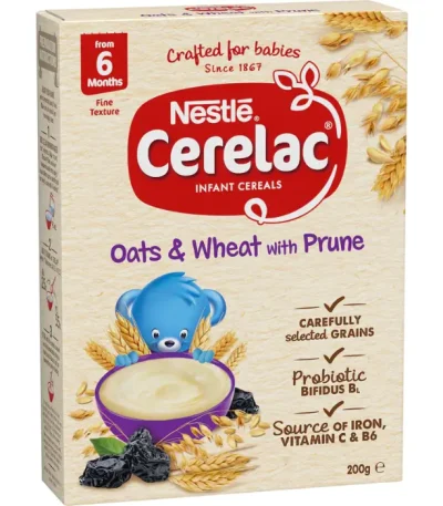 Nestle Cerelac Baby Cereal Oats & Wheat With Prune Baby Food From 6 Months | 200g now available at OZBABYMILK in Bangladesh.
